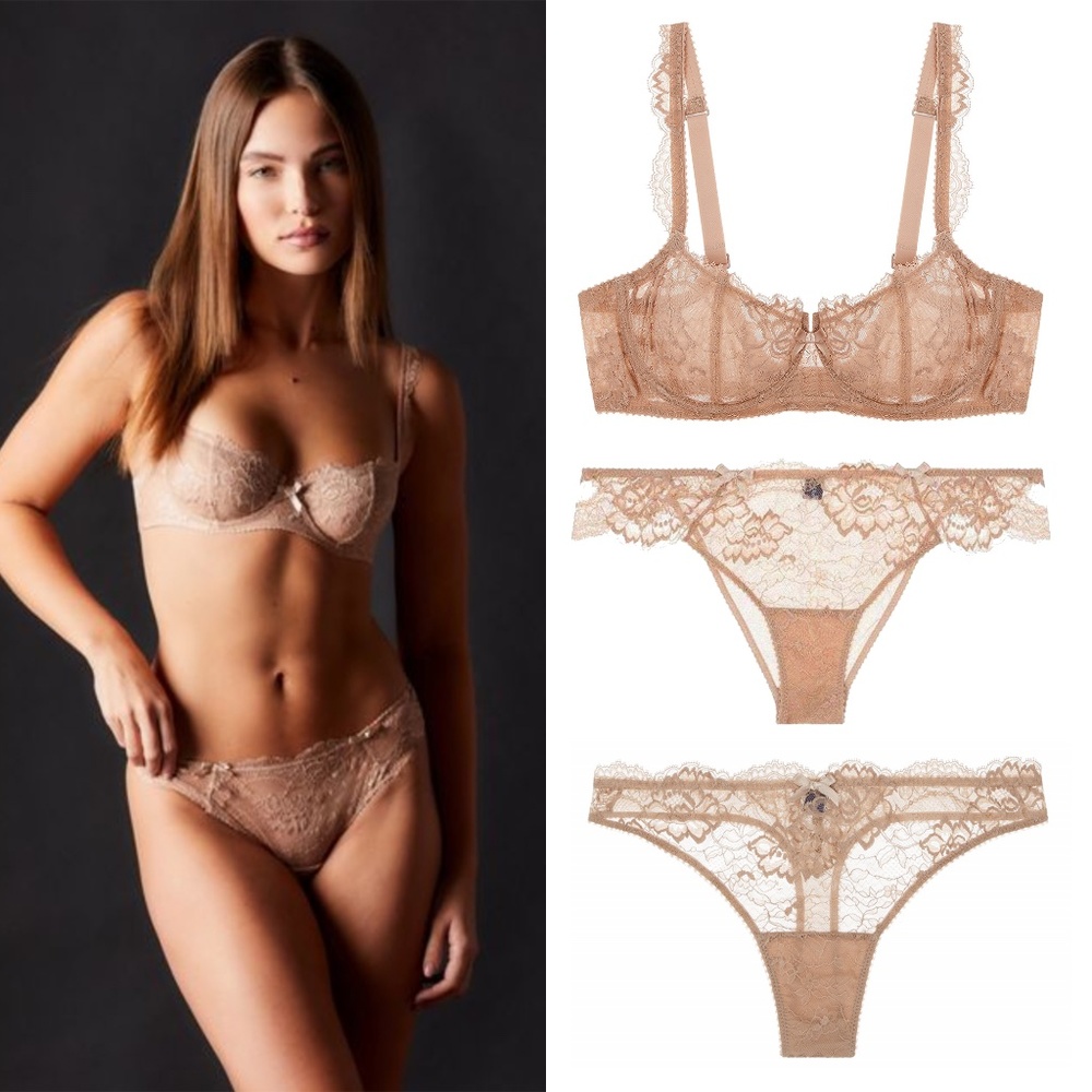 NWOT Journelle Isabel Beige Lingerie Set Balconette Bra, Thong, Bikini